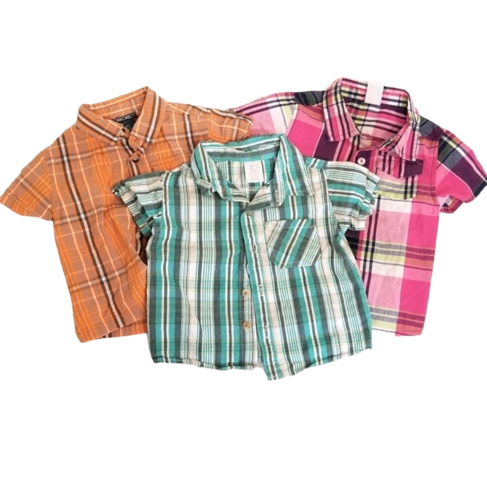 ✨️ 12 Month Boy Plaid Short Sleeve Button Down Shirt Bundle – 3 Tops